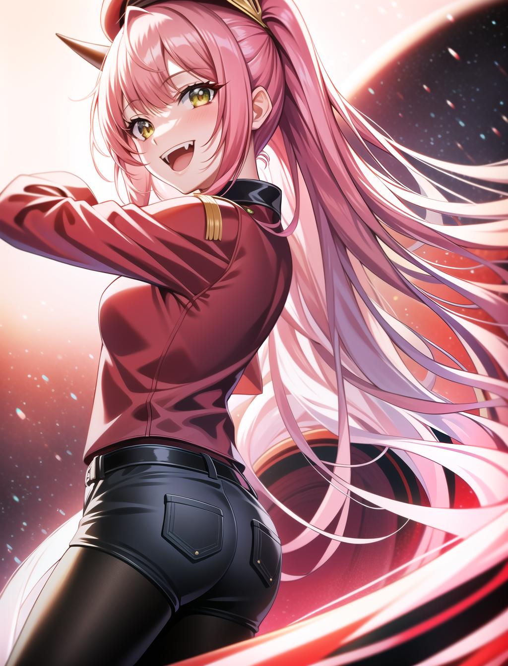  close up, solo, masterpiece, best quality, 1 female, zero two, long straight pink hair, fangs, crazy smile, green eyes, all red military jacket with officer cap, long red thin straight horns, thigh highs