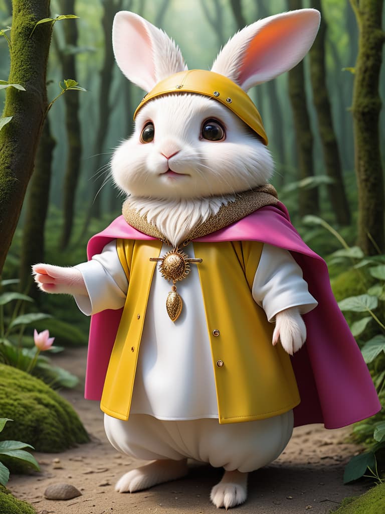  the woods, the rabbit smiles, softly drops the hedgehog, softly eyes, a small, hairy, white rabbit with bright eyes and pink noses. it wears a bright yellow cape, a small, round hedgehog, a brown coloured prick on its back, and a few timid eyes。 photo realistic, highly intricate and detailed, masterpiece, ultra high res,photography,8k resolution