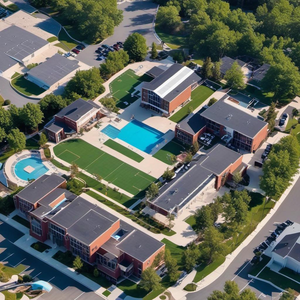  high school exterior aerial layout that’s cozy with inspiration for creativity. sports on roof, pool in the back, beautiful curb appeal , mystical style