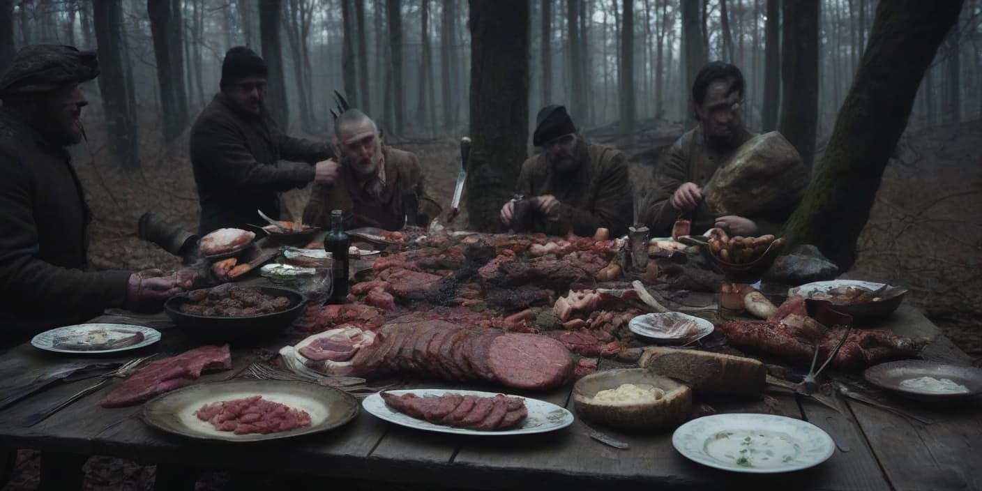  macabre style a feast of prisoners in the forest near the house of the huntsman, the huntsman himself and other people who are not prisoners is not in the picture. on the table should be meat, there may be cutlets, tartar, and in the center of the table should be baked organs such as the heart and stomach. . dark, gothic, grim, haunting, highly detailed