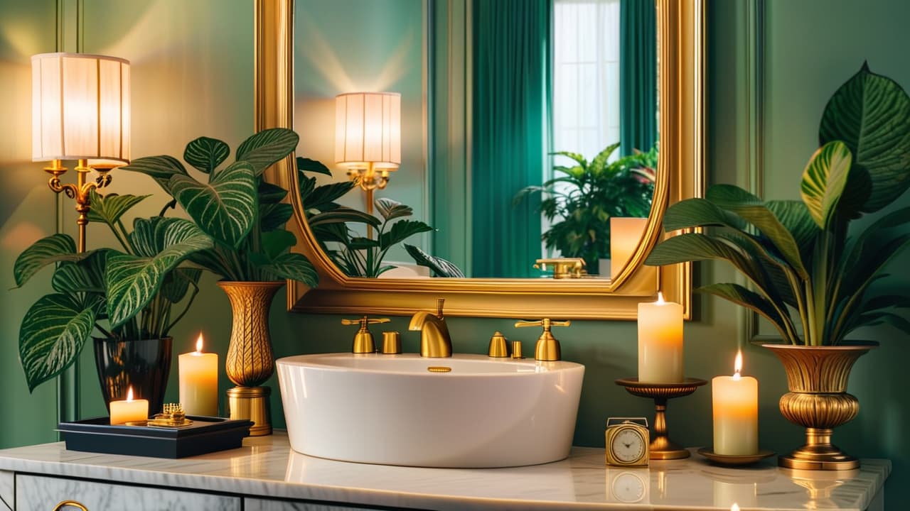  a lavish beauty scene featuring elegant skincare products elegantly arranged on a marble vanity, surrounded by soft candlelight, lush green plants, and a delicate gold mirror, exuding an atmosphere of luxury and sophistication. hyperrealistic, full body, detailed clothing, highly detailed, cinematic lighting, stunningly beautiful, intricate, sharp focus, f/1. 8, 85mm, (centered image composition), (professionally color graded), ((bright soft diffused light)), volumetric fog, trending on instagram, trending on tumblr, HDR 4K, 8K