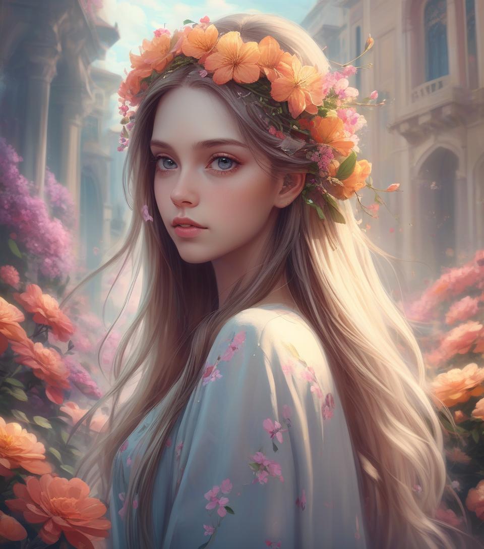  concept art a girl with long hair and flowers in her hair, beautiful character painting, beautiful digital art, beautiful digital artwork, beautiful digital illustration, gorgeous digital art, beautiful digital painting, beautiful fantasy art portrait, fantasy art style, exquisite digital illustration, beautiful gorgeous digital art, gorgeous digital painting, very beautiful digital art, rossdraws digital painting, extremely detailed artgerm . digital artwork, illustrative, painterly, matte painting, highly detailed