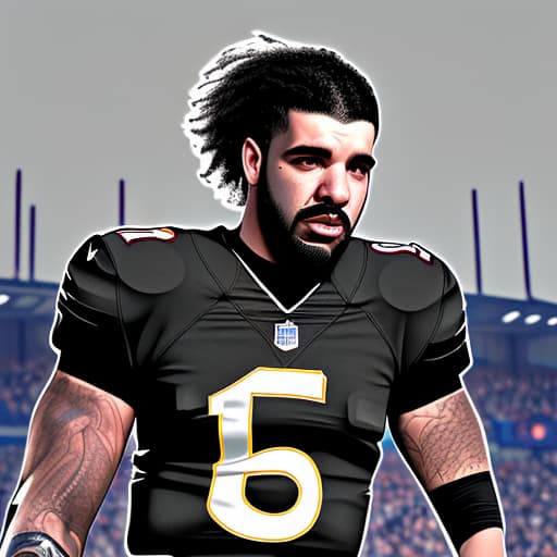  I need NFL football player, Drake London, looking like a werewolf in a football stadium with a very dark and eerie background. His jersey number should be five and the jersey should be black in colour with red trim and the name London on it.