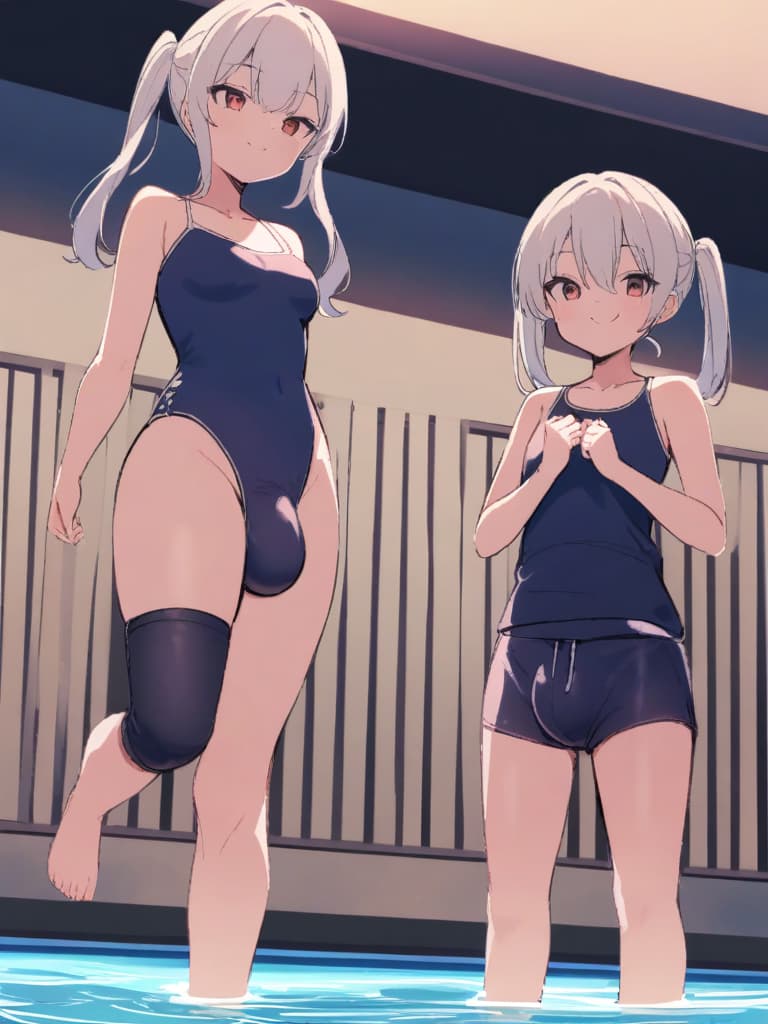  women's elementary students (male), twin tails, cute smiles, (rich s), short stature, dark blue swimwear, old swimwear, swimwear, simple, (upward), upward, (bulge), front, whole body, pool side ,,,