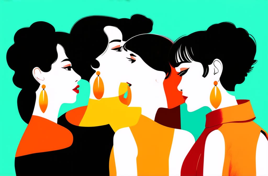  flat illustration, flaticon, (illustration:1.15), group of women with big earrings. sisterhood concept. illustrations of 6 women with white skin color who stand close to each other ar 3:2, [cory loftis, strobist, pascal campion :: 0.2]