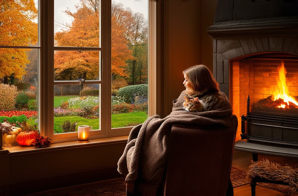  2/3 on the left is a window overlooking an autumn garden, 1/3 on the right is a woman sitting on a chair, wrapped in a blanket next to a fireplace, a cat in her arms ar 3:2 {prompt}, maximum details