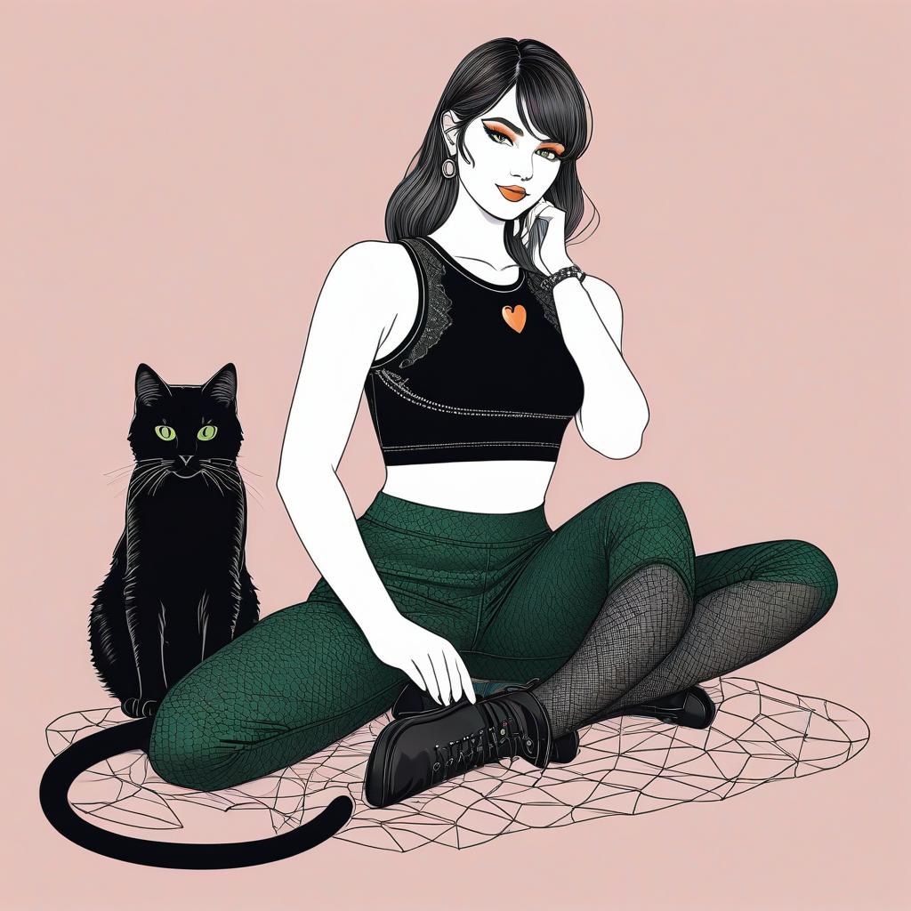  line art drawing show me an image of a with cat years and a black cat tail and black cat ears bright blue eyes in a cropped tank top either a heart cut out the and a flowy black leather mini that goes most of the way down her with soda tab chain attached to the waistband and fishnet tights andarm warmers and black hair that goes to her waist with a orange cat with green eyes next to her and a black cat with orange eyes on her other side she is not ual. professional, sleek, modern, minimalist, graphic, line art, vector graphics