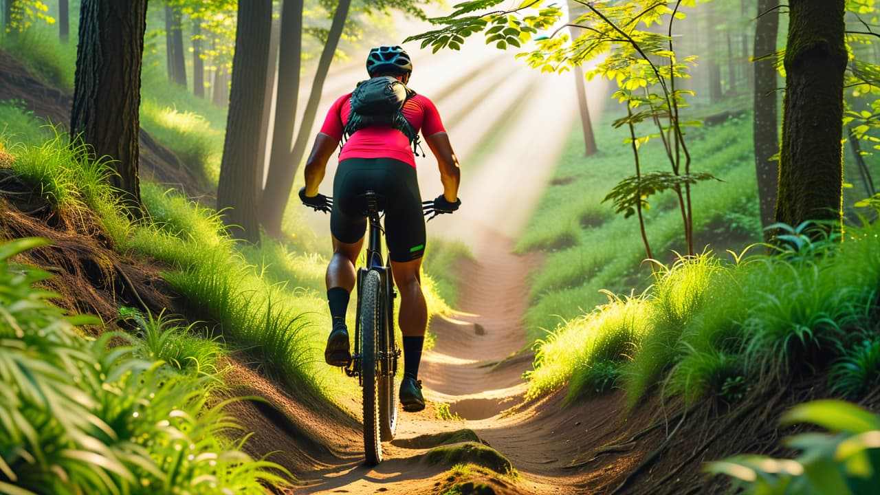  a vibrant mountain biking scene featuring a cyclist navigating a rugged trail through lush green forests, with sweat glistening on their brow, and a picturesque landscape of hills in the background, symbolizing fitness and adventure. hyperrealistic, full body, detailed clothing, highly detailed, cinematic lighting, stunningly beautiful, intricate, sharp focus, f/1. 8, 85mm, (centered image composition), (professionally color graded), ((bright soft diffused light)), volumetric fog, trending on instagram, trending on tumblr, HDR 4K, 8K