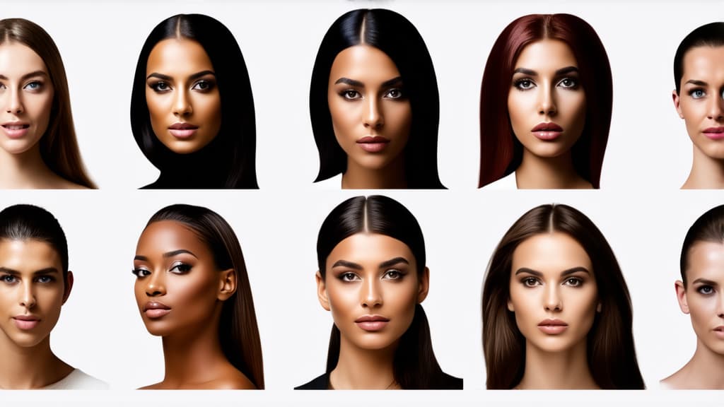  different beauty. set of different female heads on light background. different races and nationalities. ar 16:9, (natural skin texture), highly detailed face, depth of field, hyperrealism, soft light, muted colors