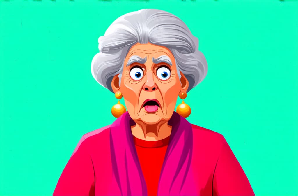  shocked surprised indian senior woman isolated on white background, funny cartoon illustration ar 3:2 {prompt}, maximum details