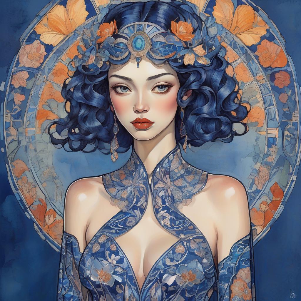  portrait of a beautiful sensual oriental woman transparent dress floreal fantasy imperial colors in art nouveau by wlad safronow, by annigoni, egon schiele, milo manara, botticelli, catrin welz stein, jean metzinger, klimt, perfect eyes, perfect handsface, highly detailed, william morris background, complementary colors, hyper detailed. watercolor and ink splatter, dynamic pose, dark blue background , trending on artstation, sharp focus, studio photo, intricate details, highly detailed, by greg rutkowski