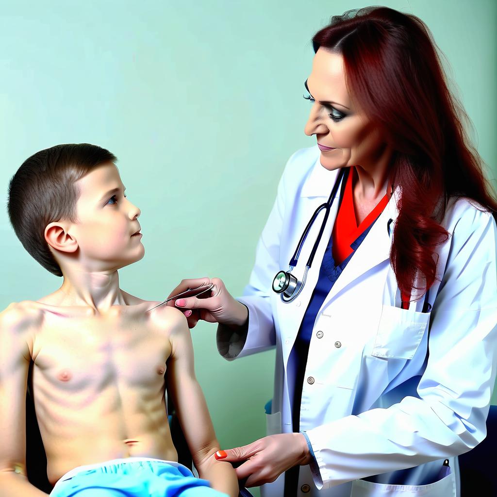  a woman doctor of 30 years measures the growth of a boy of 10 years in a medical office