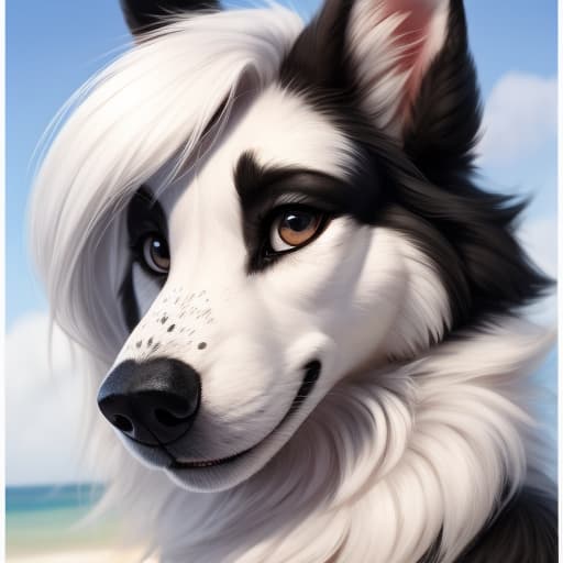  White Border collie, white fur, black freckles, black ears, black nose, detailed fur, fluffy, long fluffy tail, white hair, big ass, beautiful, stunning, gorgeous, open eyes, masterpiece, 4k, fine details,