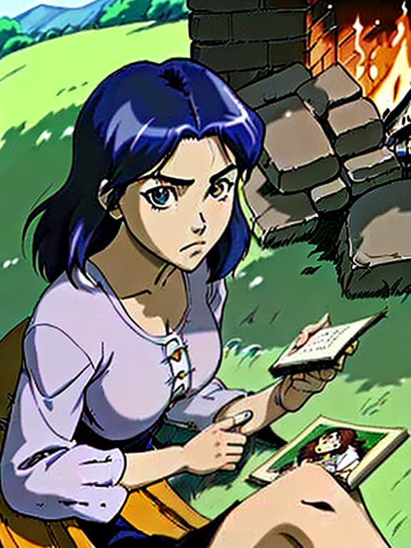  high detail, the girl sits by the fire and flips through the family album, on the grass there is a smartphone, summer, earlier morning, in the sky of a star, next to a wolf, manga big eyes expressive faces colorful hair hayao miyazaki masashi kishimoto makoto shinkai clamp yoshiyuki sadamoto