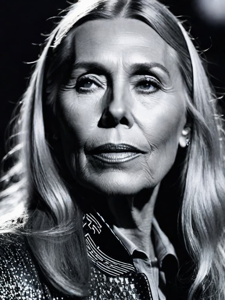  Country singer Joni Mitchell, medium shot, upper body, spotlight, long exposure lighting, street art style spray paint, glamour lighting