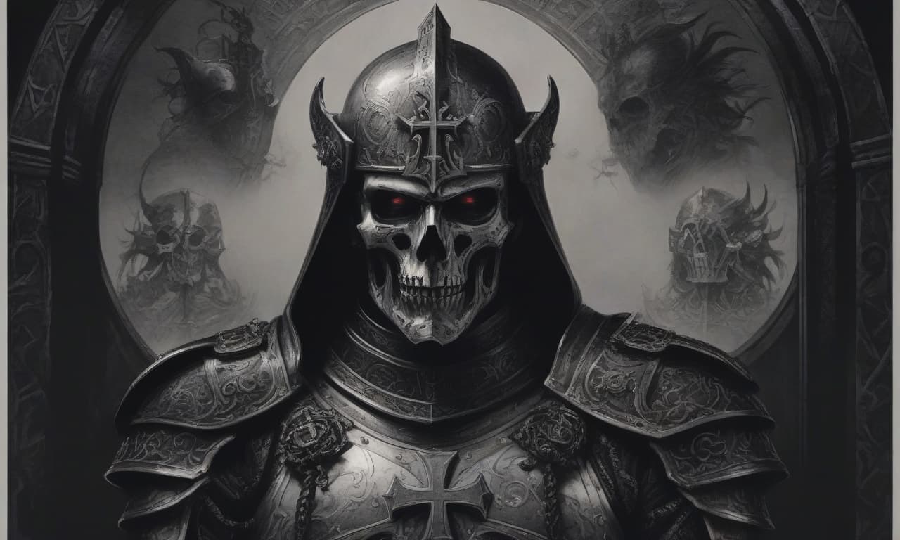  horror themed draw in black white style. the legion of the sons of night, an elite unit of knights, in a black dark universe of horrors, in iron armor with black cloaks, on their shoulder pads on the left is an engraving of an iron lion, and on the right is a white iron cross, on the front of the helmet is an iron skull. they stand in a circle, in a black temple. . eerie, unsettling, dark, spooky, suspenseful, grim, highly detailed