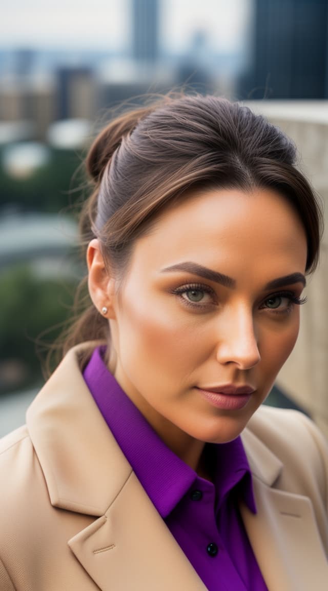  (((wearing purple blazer with emblem and fitted polo shirt))), (((realistic complete body front aerial view photo))), (((light beige to medium tan woman))), amelia elena köhler, ((caucasian heritage)), (bun hair style), (( hair color)), immature face, hazel eye color, ((skinny body type)), xxl size, fat size, (immature roman nose), (immature rounded cheeks), (immature soft jawline), (immature full lips), (immature sloping forehead), (immature curved eyebrows), (immature rounded chin), sitting apart leaning, city plaza in background, 1girl, best quality, highest quality, award winning photo, masterpiece, raw, professional photography, photorealism, sharp focus, cinematic, high resolution, sharp, sharp image, 4 hyperrealistic, full body, detailed clothing, highly detailed, cinematic lighting, stunningly beautiful, intricate, sharp focus, f/1. 8, 85mm, (centered image composition), (professionally color graded), ((bright soft diffused light)), volumetric fog, trending on instagram, trending on tumblr, HDR 4K, 8K