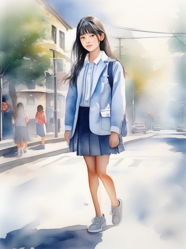  high school girl blazer uniform beautiful girl, after returning from school, standing upright street corner walk, watercolor painting light color, black hair, masterpiece, best quality,8k,ultra detailed,high resolution,an extremely delicate and beautiful,hyper detail