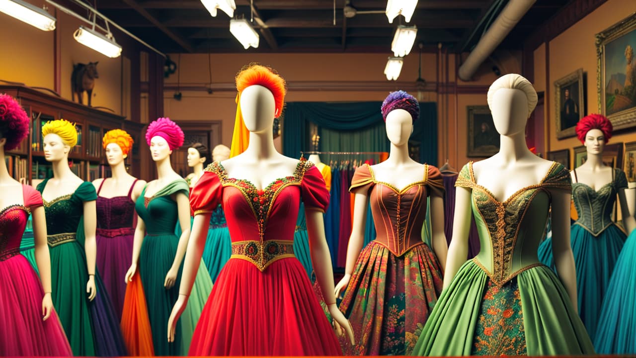  a vibrant display of various costumes in a workshop setting, showcasing intricate fabrics, colorful accessories, and sewing tools, with a price tag on each costume, highlighting the diversity of styles and craftsmanship involved. hyperrealistic, full body, detailed clothing, highly detailed, cinematic lighting, stunningly beautiful, intricate, sharp focus, f/1. 8, 85mm, (centered image composition), (professionally color graded), ((bright soft diffused light)), volumetric fog, trending on instagram, trending on tumblr, HDR 4K, 8K