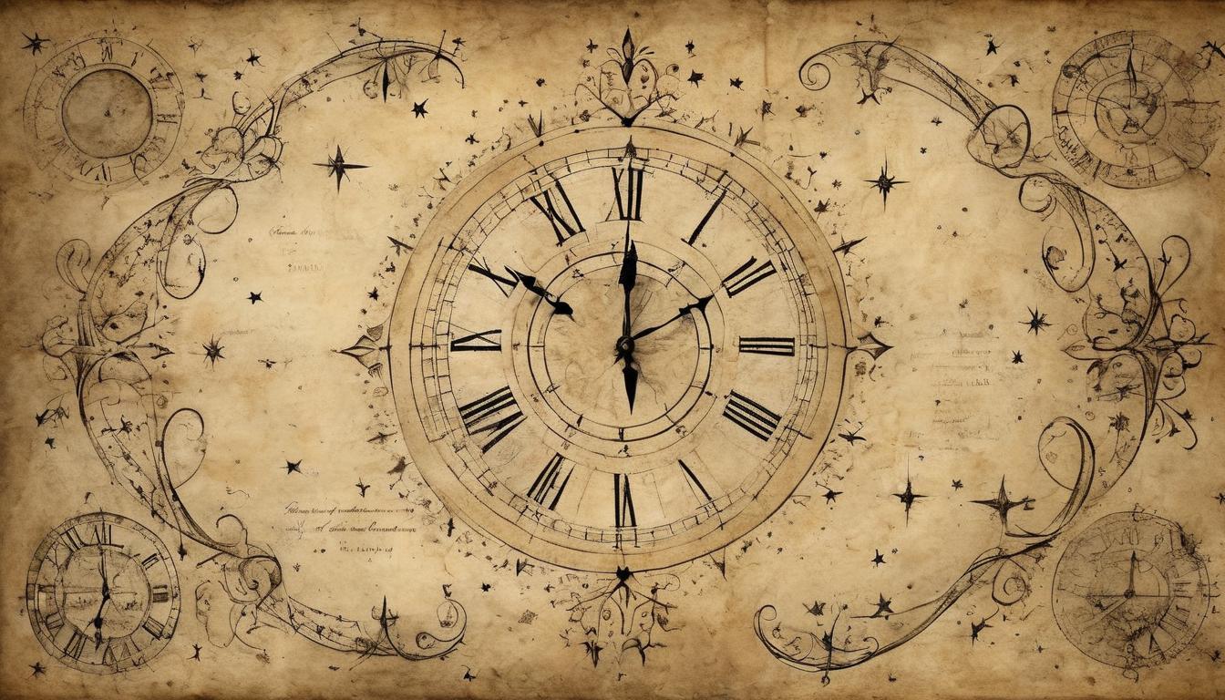  on parchment, surrealism++, clock made of stars, time slipping away, celestial urgency, divine timing, spiritual diligence(mysterious, provocative, symbolic)++