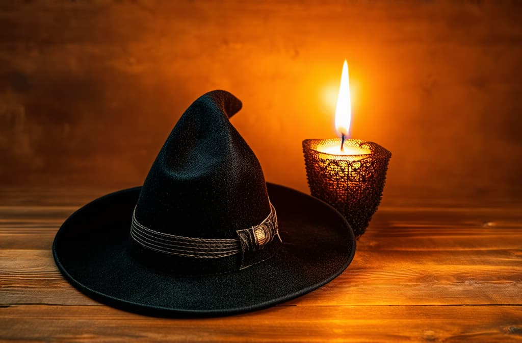  professional detailed photography, halloween flat lay composition with witch hat and burning candle on rustic wooden background ar 3:2, (muted colors, dim colors, soothing tones), (vsco:0.3)