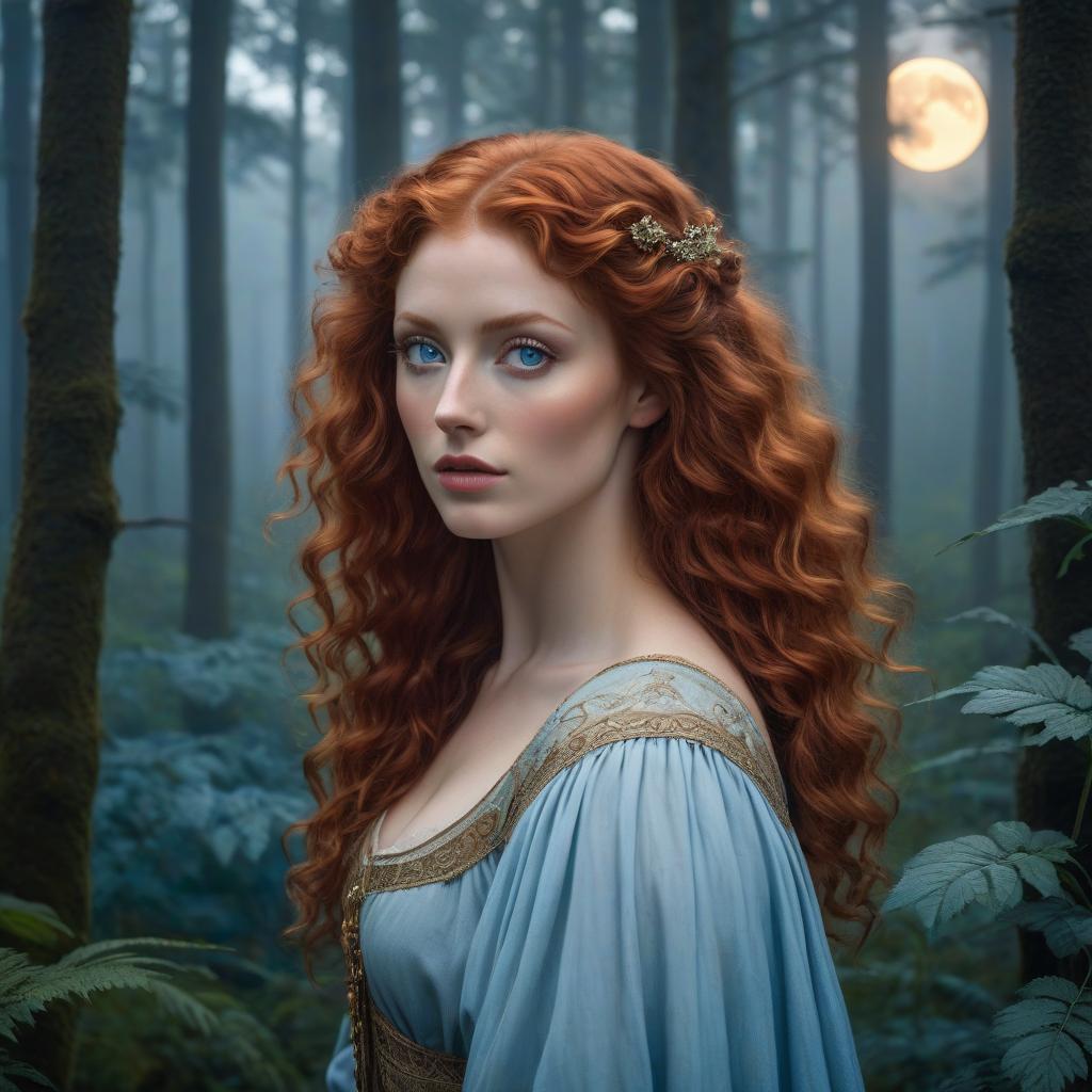  renaissance style portrait of a beautiful red haired girl with curly hair and light blue eyes, thin body, intricate, over detailed oil painting in the pre raphaelite style, against a forest background, at night, foggy art, fantasy, full moon on the background . realistic, perspective, light and shadow, religious or mythological themes, highly detailed hyperrealistic, full body, detailed clothing, highly detailed, cinematic lighting, stunningly beautiful, intricate, sharp focus, f/1. 8, 85mm, (centered image composition), (professionally color graded), ((bright soft diffused light)), volumetric fog, trending on instagram, trending on tumblr, HDR 4K, 8K