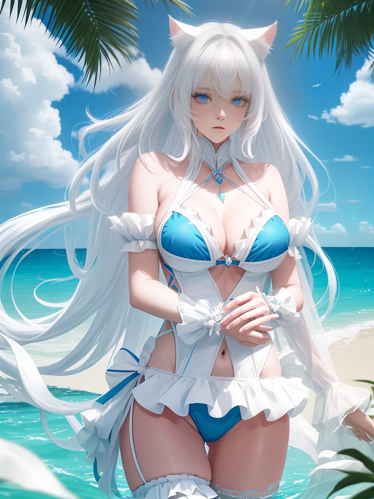  cute, white hair, girls, light blue eyes, cat ears, long hair, chest big, swimwear, visible, masterpiece, best quality,8k,ultra detailed,high resolution,an extremely delicate and beautiful,hyper detail