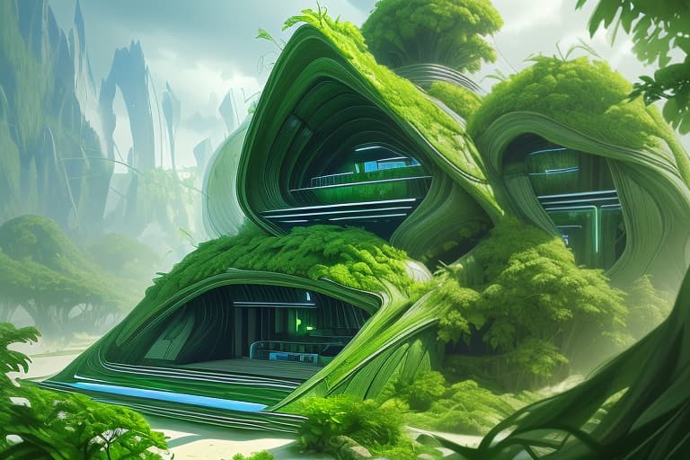  Bioclimatic biomimicry architecture with greens, realistic, artstation