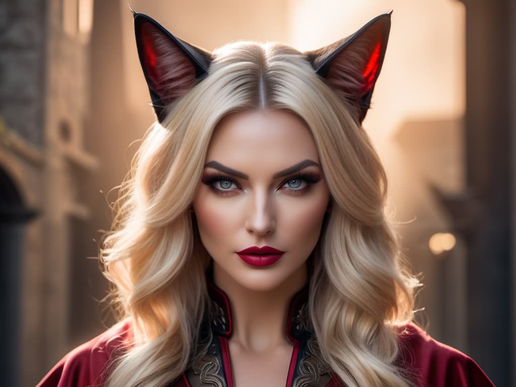   hdr photo of science fiction western, blonde hair woman with evil details in demon lord robes and cat ears. high dynamic range, vivid, rich details, clear shadows and highlights, realistic, intense, enhanced contrast, highly detailed, oil painting hyperrealistic, full body, detailed clothing, highly detailed, cinematic lighting, stunningly beautiful, intricate, sharp focus, f/1. 8, 85mm, (centered image composition), (professionally color graded), ((bright soft diffused light)), volumetric fog, trending on instagram, trending on tumblr, hdr 4k, 8k hyperrealistic, full body, detailed clothing, highly detailed, cinematic lighting, stunningly beautiful, intricate, sharp focus, f/1. 8, 85mm, (centered image composition), (professionally color graded), ((bright soft diffused light)), volumetric fog, trending on instagram, trending on tumblr, HDR 4K, 8K