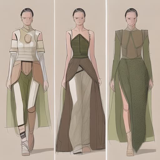  four sets of costume design drawings. the main emphasis is on the sustainability of materials while incorporating natural elements and textures to present a modern and environmentally friendly fashion sense through simple design lines and colours.