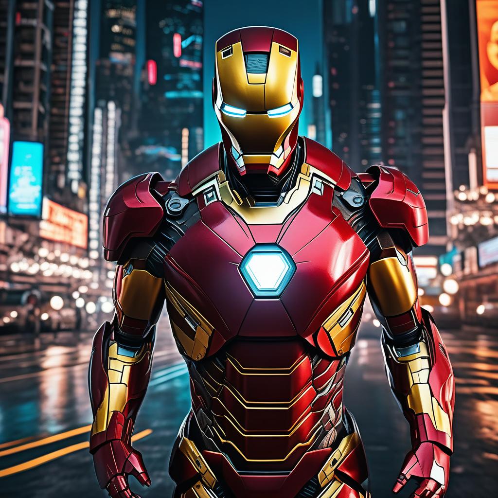  masterpiece, best quality, masterpiece, 8k resolution, realistic, highly detailed, Iron Man close-up. He stands on a street lined with tall buildings in a cyberpunk style city at night. The city's night lights are bright, and the surrounding buildings and streets are full of cyberpunk elements such as neon lights, high-tech equipment and futuristic architectural design.