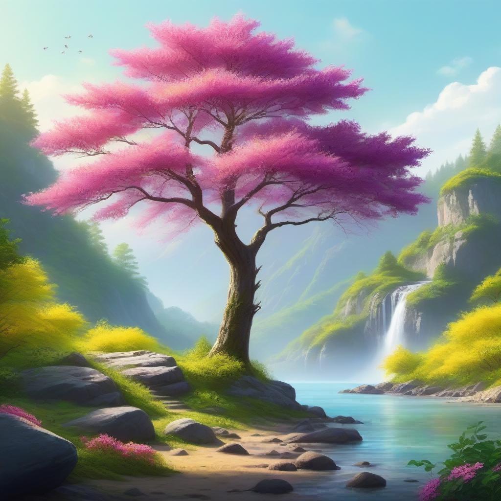  Vector art style painting with white, purple & pink, lime-Yellow-green colours, realistic with a soft brushwork texture. A giant tree stands in front of a forest next to a rock shore with lime-yellow leaves & pink flowers. vibrant yellow sunlight effects with shadow effects.