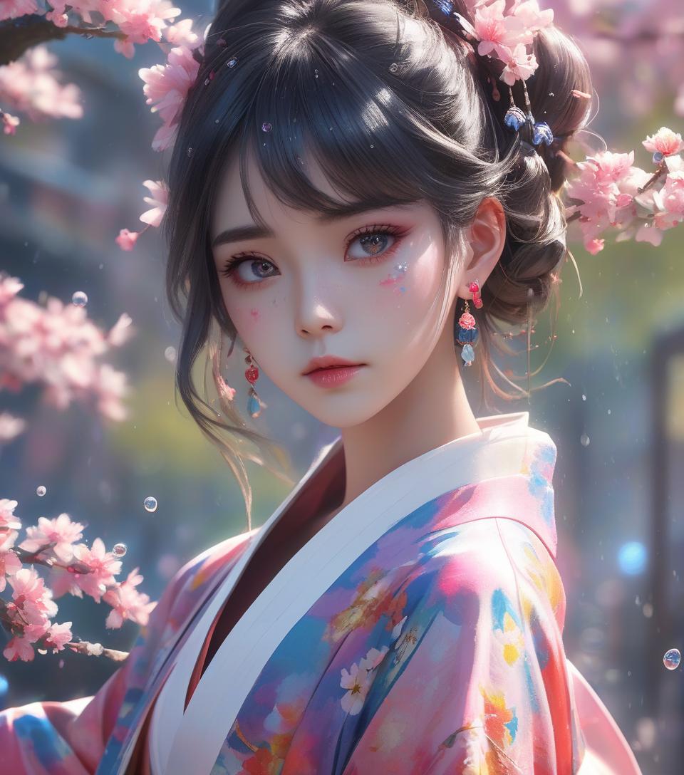  shukezouma, octane rendering, hdr, hyperdetailed, soft light, sharpness, a beautiful korean girl, ultra detailed eyes, eye shadow, opal drops, paint tears, woman made up from paint, paint, splat, splash, hair long colorful, kimono made from paint, ultra detailed texture kimono, opalescent paint kimono, paint bulb, water drops, hair ornaments, earrings, flower hair ornaments, dragonfly hair ornaments, outdoor, sakura trees, vivid colors, 8k, uhd, hdr, masterpiece, absurd, best quality,