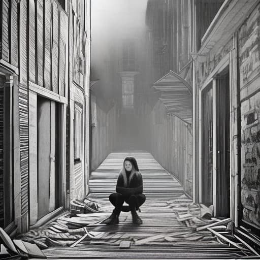  (grayscale, woodcut:1.2), (etching:1.1), (engraving:0.2), Distant image, black and white. A girl sitting in a corner holding her head and experiencing fear. In a ruined building. I see bright light nearby, but I don't look at it., detailed hyperrealistic, full body, detailed clothing, highly detailed, cinematic lighting, stunningly beautiful, intricate, sharp focus, f/1. 8, 85mm, (centered image composition), (professionally color graded), ((bright soft diffused light)), volumetric fog, trending on instagram, trending on tumblr, HDR 4K, 8K