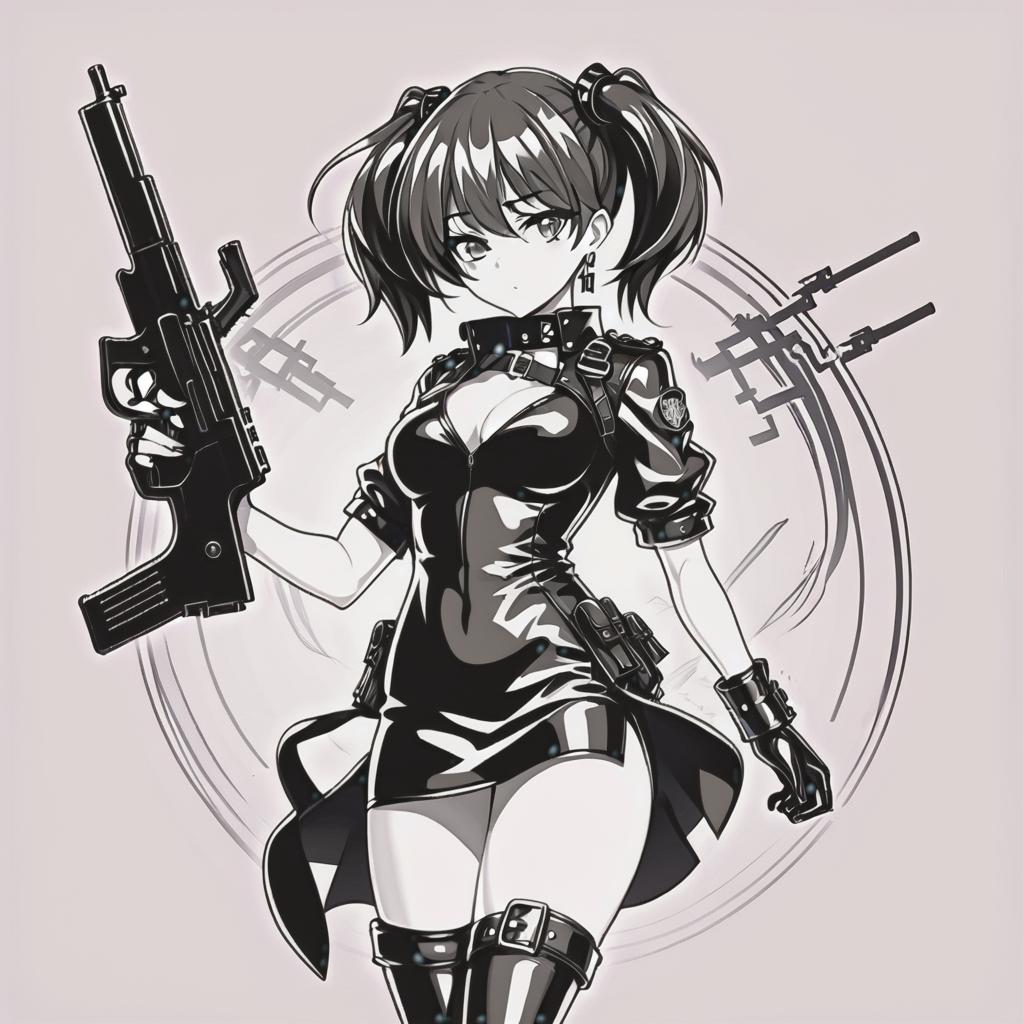  line art drawing girl in leather dress with two uzi, same nightmare. anime style . professional, sleek, modern, minimalist, graphic, line art, vector graphics