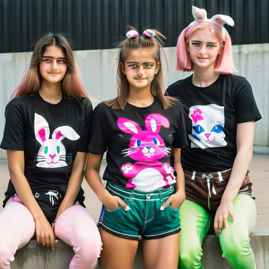  three girls. on the left is a girl with pink long hair turkmen with brown eyes in cute everyday clothes jeans and a t shirt with a bunny. in the middle is a girl with green eyes black lush hair in sportswear men's sports shorts and a large black t shirt. on the right is a girl blonde with kare without bangs and blue eyes and in pink expensive luxury clothes from the brand chanel, film photography style