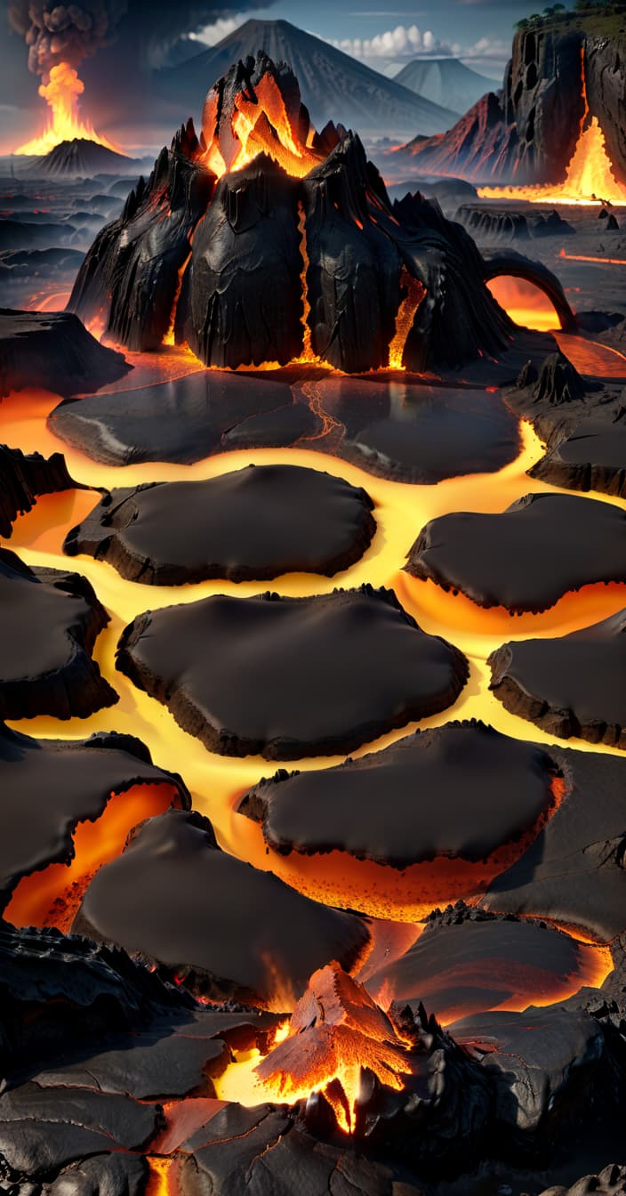  professional 3d model fire biome, platforms, magma, lava, lava rivers, volcanoes . octane render, highly detailed, volumetric, dramatic lighting, civitai, hkmagic