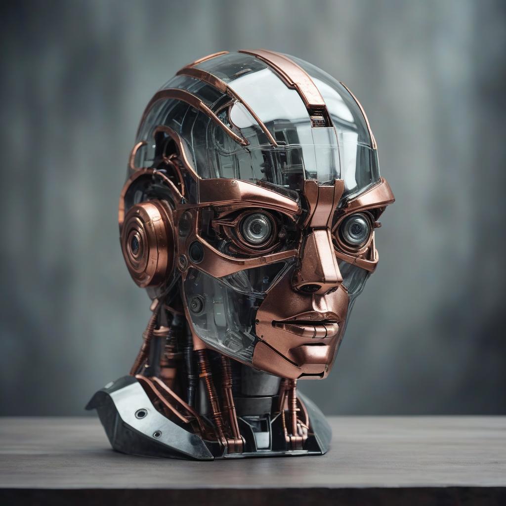  a photo of a futuristic robot head made of glass, copper and steel, placed on a table, rough, grainy, gray shade, non basic color accents, extremely futuristic, there are scuffs and scratches on the metal, dystopia