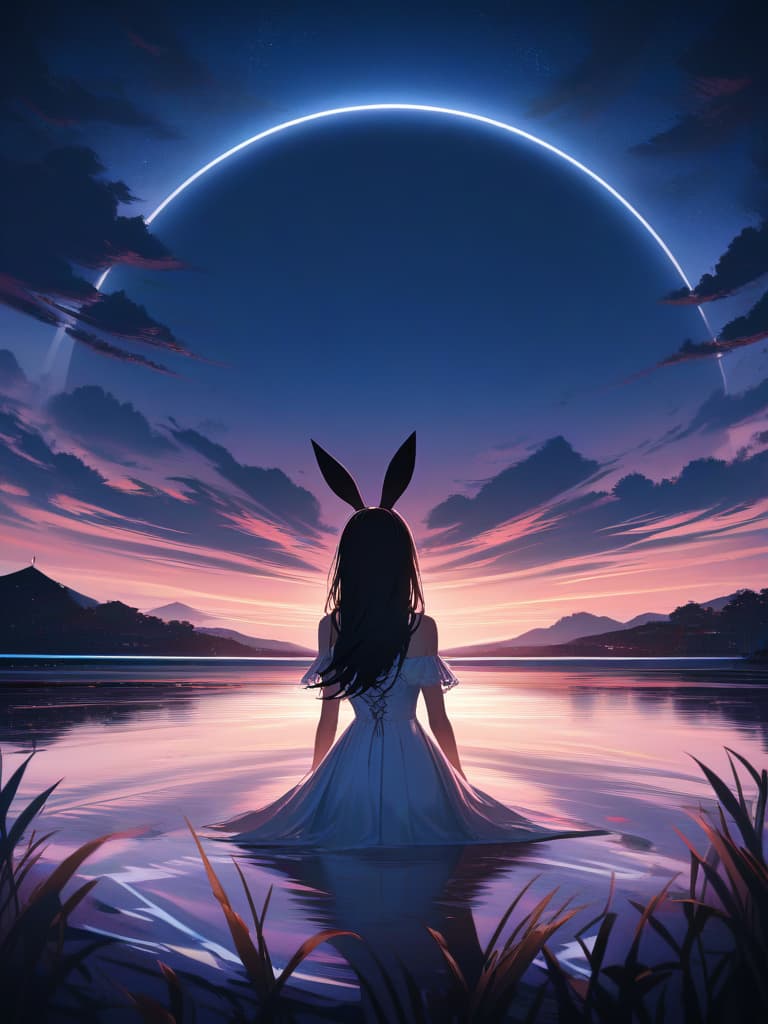  the sun is (art inspired by bill shenquevich). oil painting), (monday), (with a full moon), one month, ((full moon)), 🌕, ((full moon)), ((full moon)), ((full moon)) (((round moon))))))), ((round moon)), (shadow reflected in the moon), ((one rabbit)), ... one woman, long hair, black hair in the distance, (whole body) , ((distant)), pampas grass, (pampas grass), pampas grass, sitting, back, white dress, simple dress, shadow, shadow, fantastic, fantasy, wonderful, beautiful, beautiful, beautiful, beautiful, beautiful, beautiful. ((night)), landscape, hyperrealistic, full body, detailed clothing, highly detailed, cinematic lighting, stunningly beautiful, intricate, sharp focus, f/1. 8, 85mm, (centered image composition), (professionally color graded), ((bright soft diffused light)), volumetric fog, trending on instagram, trending on tumblr, HDR 4K, 8K