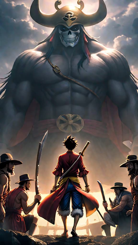  anime art: luffy and crew uncovering secrets on raftel to claim pirate king title in one piece. hyperrealistic, full body, detailed clothing, highly detailed, cinematic lighting, stunningly beautiful, intricate, sharp focus, f/1. 8, 85mm, (centered image composition), (professionally color graded), ((bright soft diffused light)), volumetric fog, trending on instagram, trending on tumblr, HDR 4K, 8K