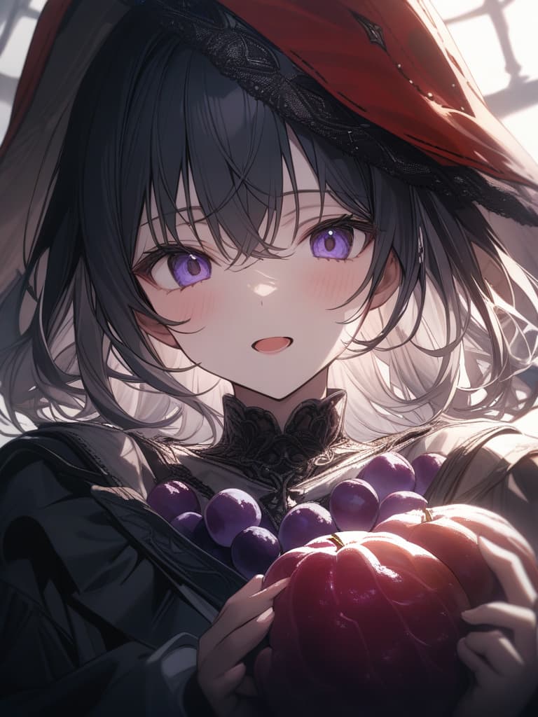  eat grapes reaper, open your mouth, eat with grapes in your hands, masterpiece, best quality,8k,ultra detailed,high resolution,an extremely delicate and beautiful,hyper detail