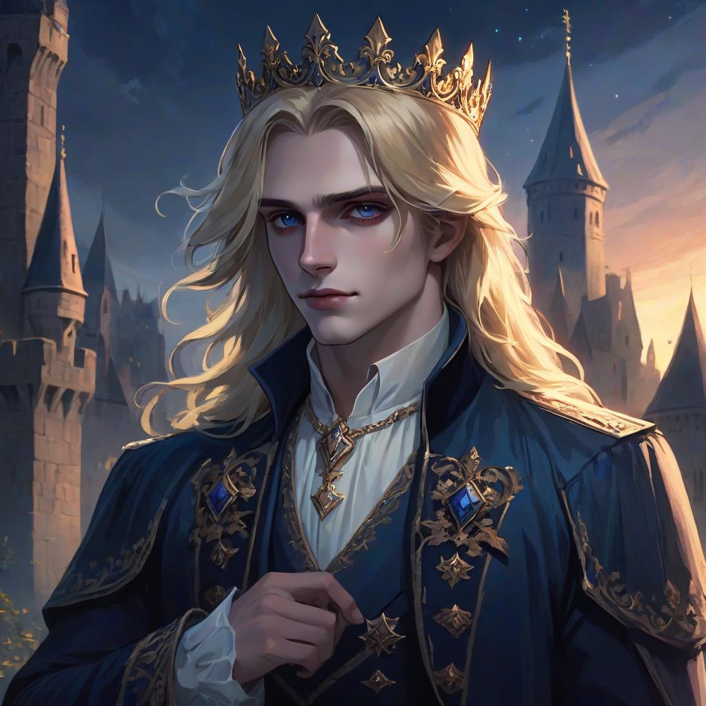  ethereal fantasy concept art of a young vampire aristocrat in rich clothes with long blonde hair, at night, near the castle, with a crown on his head . magnificent, celestial, ethereal, painterly, epic, majestic, magical, fantasy art, cover art, dreamy