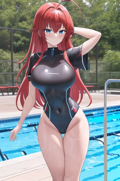  swim suit,,blushing,g cup,,masterpiece, best quality, 1women, long red hair, looking at viewer, :3, cute, black uniform, outdoors, streets, cow shot, curvy, (((blue eyes))), rias gremory, red hair, antenna hair, wavy hair, ((beautiful detailed eyes, beautiful detailed glow, lots of glow)), anime screencap,women at pool, compeion , black , masterpiece, best quality, high quality, solo