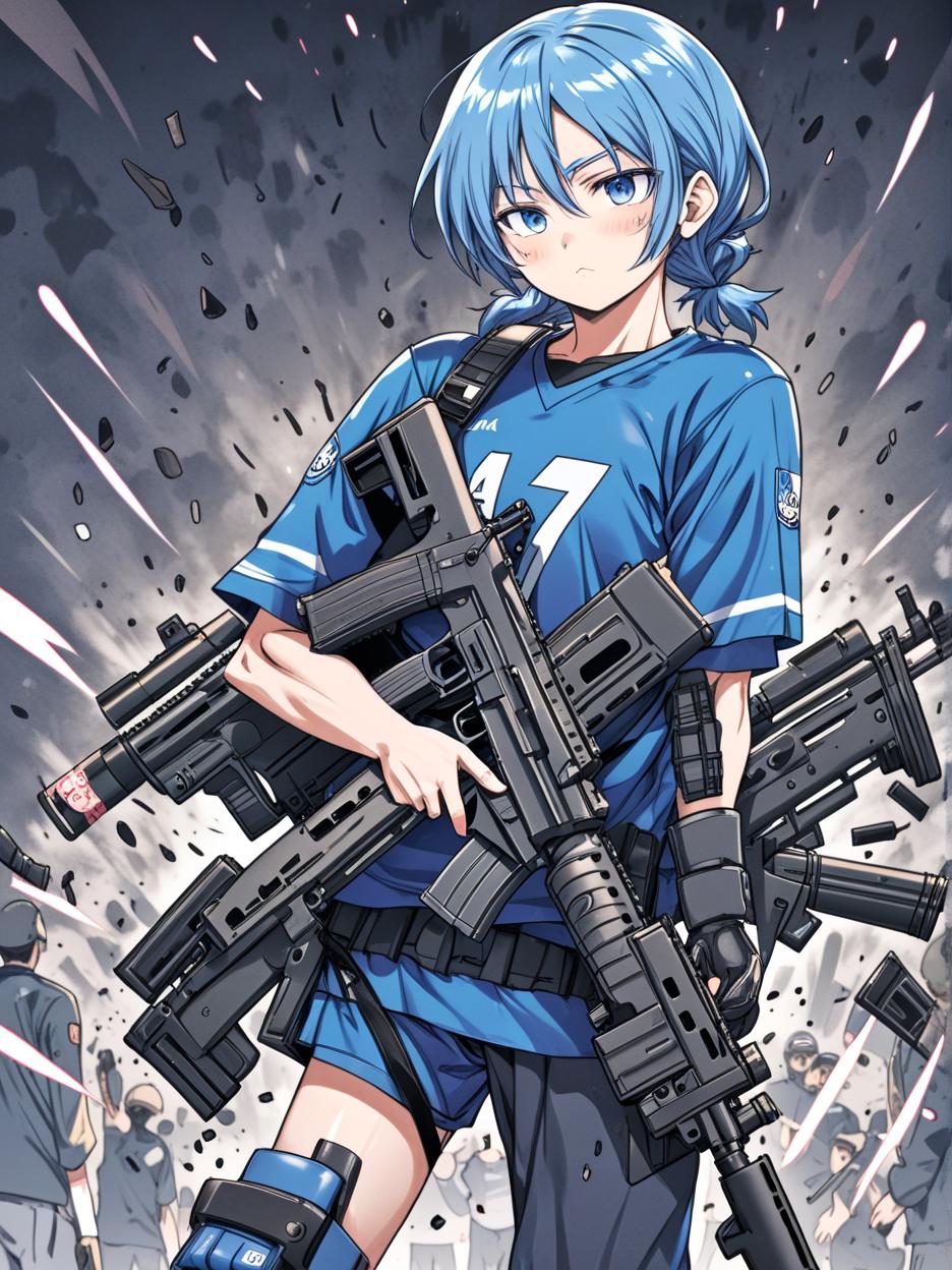  manga artwork nagi from blue lock(football anime) with a ak 47 on hands. manga artist. manga, highly emotional. best quality, high resolution