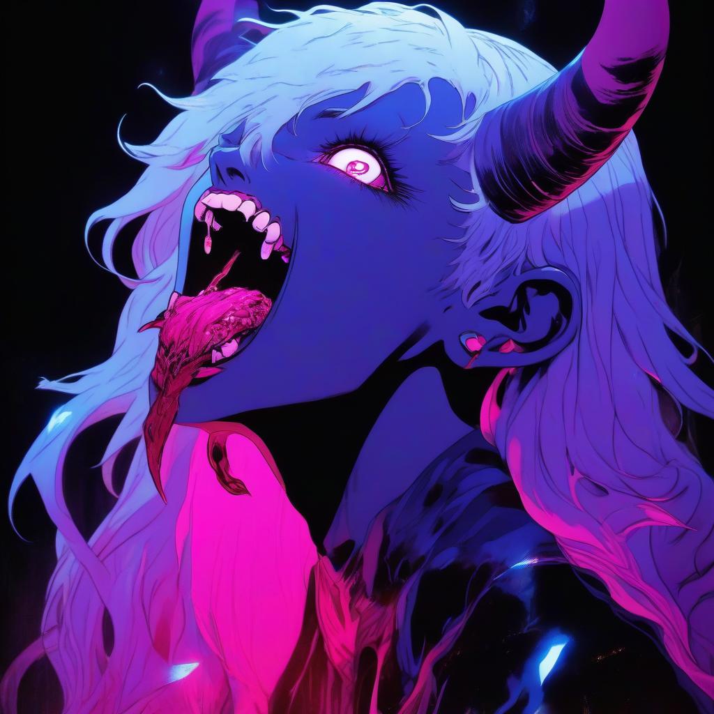  a close up of a person holding a knife, detailed hot maw, demon black blue purple, luminous, full color manga visual style, soft lulling tongue, pink , horns. dark colors, arca album cover, resin, trap, ( 3 1, 1 1 1 1, very , perfect face template, [ metal ], bite, artist unknown, esa