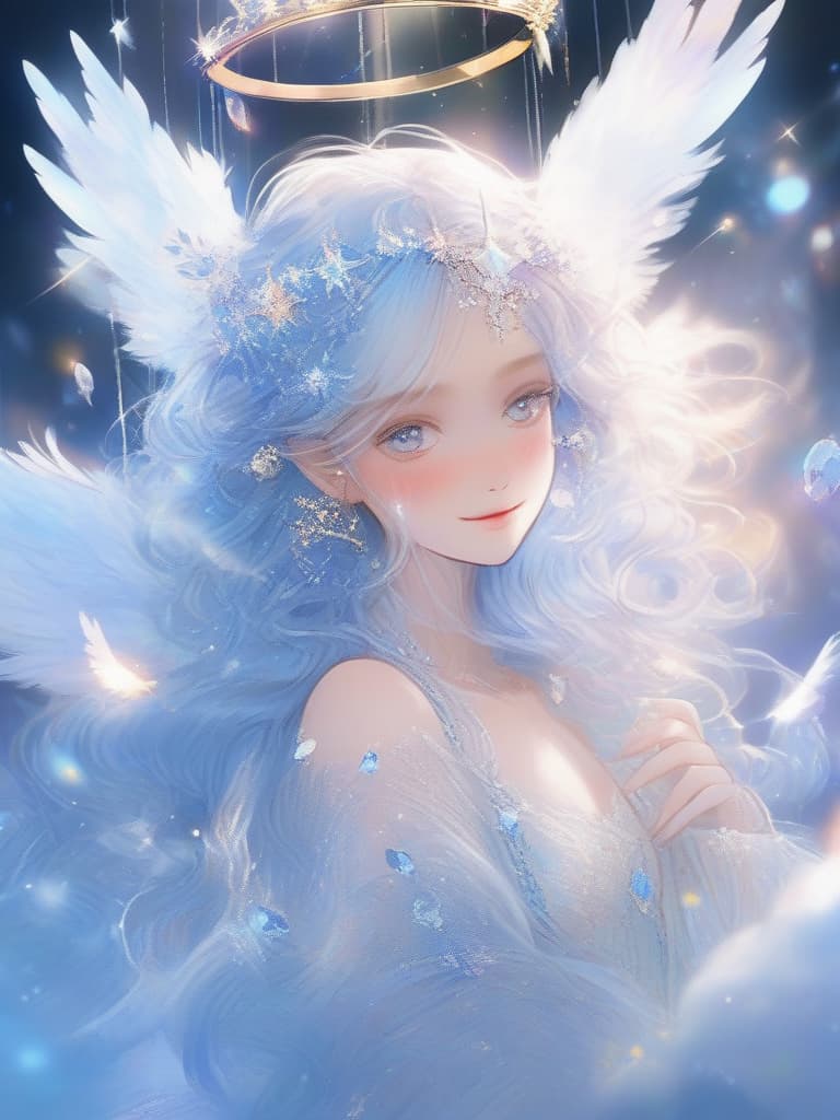  a masterpiece! natural light,beautiful delicate angel,delicate light blue hair color,swaying hair,angel ring,glowing eyes like jewels,smiling face,lots of light particles,fantasy clothes,(feathers on back),fluffy,fantasy,crystal,wonder,high quality,16k