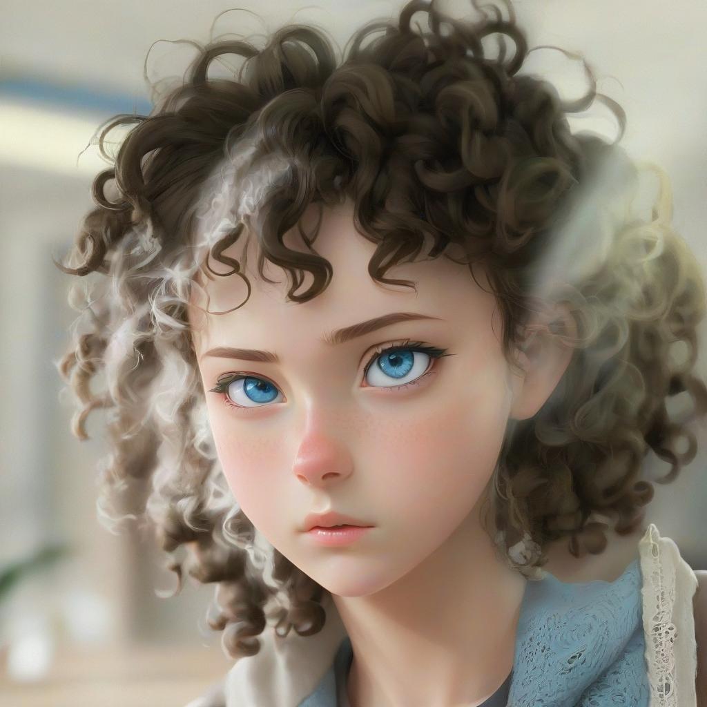  anime artwork beautiful anime photo of a girl with blue eyes and very short and very curly hair . anime style, key visual, vibrant, studio anime, highly detailed, film photography style