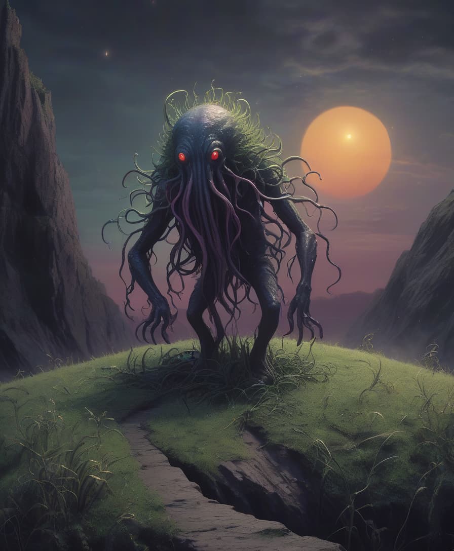  lovecraftian horror figure in the distance. the figure on a high cliff stands on all fours and looks down. curly grass, glowing fruit . eldritch, cosmic horror, unknown, mysterious, surreal, highly detailed