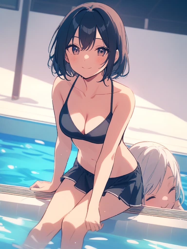  s, s, transveses, short stages, old swimwear (dark blue old ), clear (), (in swimwear), cute smile face, short hair, pool, pool,