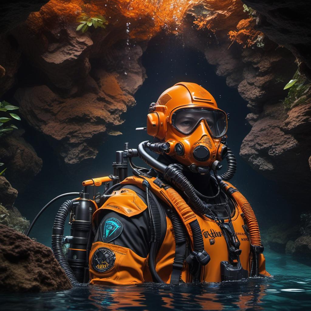  jb name, male, rebreather diver, thick loops, helmet in orange, cave diver, underwater, face view diver, fresh water, shoulder view, jb, cyberpunk style